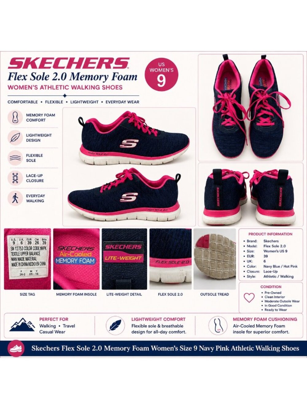Skechers Womens Flex Sole 2.0 Navy Pink Athletic Shoes Sz 9 Memory Foam Comfort